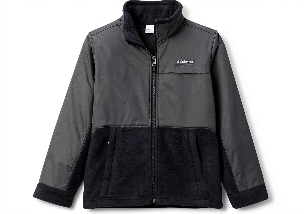 Columbia boys fleece jacket in Black/Grill color worn during outdoor play