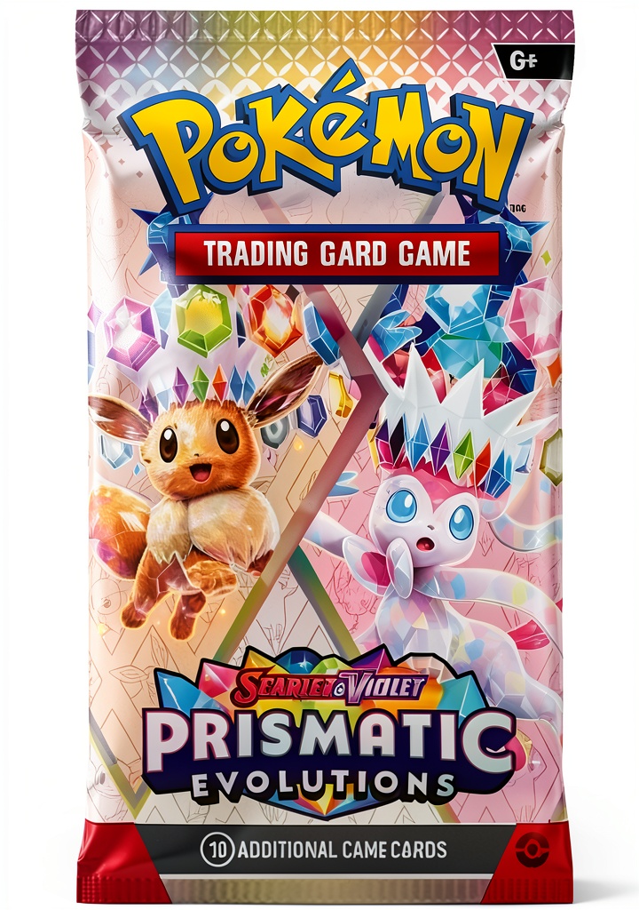Pokemon Scarlet Violet Prismatic Evolutions Booster Pack displaying vibrant card artwork