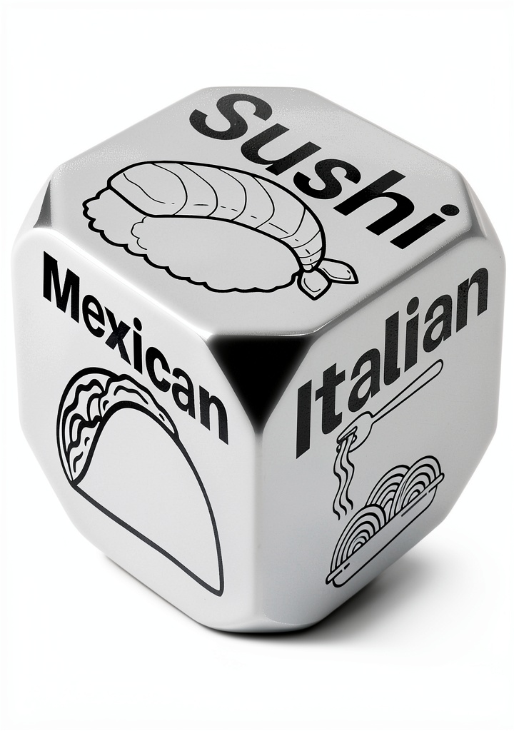 Allpeak date night dice showing engraved food options on a table