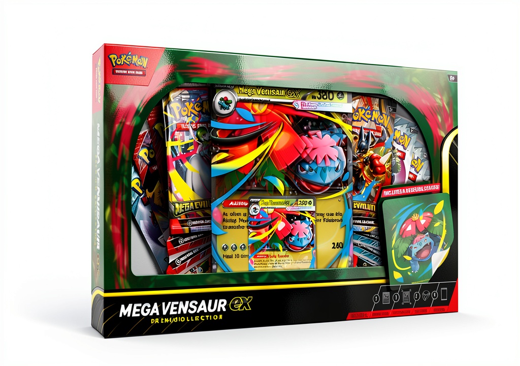 Mega Venusaur ex Premium Collection box with booster packs and promo cards displayed